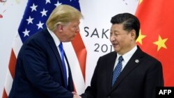 资料照：美国时任总统特朗普与中国领导人习近平2019年6月在大阪举行的G20峰会上握手。