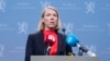 Norway's Foreign Minister Anniken Huitfeldt holds a press conference at the Foreign Ministry in Oslo, Apr. 13, 2023. 