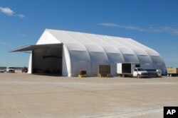 FILE - A temporary hanger is seen at the Grand Sky drone park on the Grand Forks Air Force Base, in Grand Forks, North Dakota, July 27, 2016.