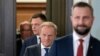 Donald Tusk, leader of Civic Platform (PO), Wladyslaw Kosiniak-Kamysz and Szymon Holownia from Third Way and Wlodzimierz Czarzasty from New Left party arrive for a statement before their meetings with the Polish president, Oct. 24, 2023.