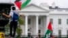A man waves a flag during a pro-Palestinian rally at Lafayette Square outside the White House in Washington, Oct. 14, 2023.