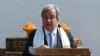 United Nations Secretary General Antonio Guterres addresses the media during his visit to the Maya Devi Temple at the UNESCO World Heritage Site of Lumbini, Oct. 31, 2023, as part of his four-day visit to Nepal.