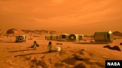 This artist's concept imagines astronauts and human living establishments on Mars as they might exist in the future. (Image Credit: NASA)