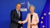 Polish politician Donald Tusk, leader of Civic Coalition (KO) and the opposition's candidate for future Prime Minister, meets with European Commission President Ursula von der Leyen in Brussels, Belgium, Oct. 25, 2023.