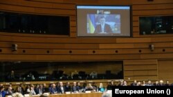 Український міністр закордонних справ Дмитро Кулеба промовляв до зібрання міністрів закордонних справ та міністрів оборони Європейського Союзу з допомогою відеозв'язку. Також виступав міністр оборони України Рустем Умеров. Люксембург. 22 квітня 2024 р.