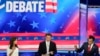 Republican presidential candidates from left, former UN Ambassador Nikki Haley, Florida Gov. Ron DeSantis, and businessman Vivek Ramaswamy participate in a Republican presidential primary debate Nov. 8, 2023, in Miami. 
