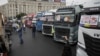 FILE - Romanian truckers are seen protesting in front of government buildings in Bucharest, Romania, Sept. 29, 2021. (Inquam Photos/Octav Ganea via Reuters)