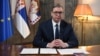 Serbian President Aleksandar Vucic is seen after signing a decree to dissolve the parliament and schedule an early election in Belgrade, Nov. 1, 2023. 