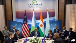 U.S. Secretary of State Antony Blinken, left, and U.S. Defense Secretary Lloyd Austin, right, meet with Djibouti's President Ismail Omar Guelleh, Somalia's President Hassan Sheikh Mohamud and Niger's President Mohamed Bazoum