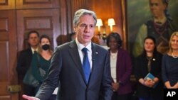 Держсекретар США Ентоні Блінкен під час візиту в Український Інститут Америки 19 травня 2022 року. Фото зроблене 19 травня 2022 року. AP/Андреа Рено