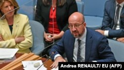 Президент Європейської ради Шарль Мішель під час виступу в Раді безпеки ООН у Нью-Йорку 6 червня 2022 р.