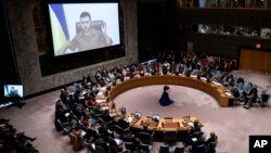 乌克兰总统泽连斯基对联合国安理会发表视频演讲。（2022年4月5日）
