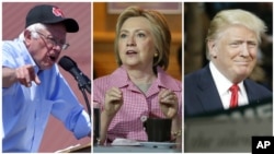 (ពីឆ្វេង​ទៅ​ស្តាំ) រូបថត​លោក Bernie Sanders និងលោកស្រី​ Hillary Clinton មក​ពី​គណបក្ស​ប្រជា​ធិបតេយ្យ និង​លោក Donald Trump នៃ​គណបក្ស​សាធារណរដ្ឋ ដែល​ជា​បេក្ខជន​ចុង​ក្រោយ​នៃ​ការ​ប្រកួត​ប្រជែង​ដើម្បី​បាន​ក្លាយ​ជា​បេក្ខជន​ប្រធានា​ធិបតី​​ជា​ផ្លូវ​ការ។