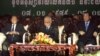 Chea Sim, center, president of the ruling Cambodian People's Party, Hun Sen, right, the party's vice president and also Cambodian prime minister, and Heng Samrin, left, the party's honorary president, file photo. 