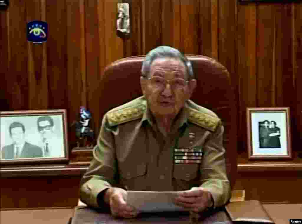 ប្រធានាធិបតីគុយបា លោក Raoul Castro កំពុង​មាន​ប្រសាសន៍ទៅកាន់​ប្រជាជាតិ​​តាមរយៈ​ទូរទស្សន៍​ជាតិ​នៅក្នុង​ទីក្រុង ឡាហាវ៉ាន (Havana) ក្នុង​ប្រទេស​គុយបា កាល់ពីថ្ងៃទី១៧ ខែធ្នូ ឆ្នាំ២០១៤។