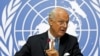 United Nations Special Envoy for Syria, Staffan de Mistura, addresses a news conference on the latest developments in Syria at the United Nations European headquarters in Geneva, Switzerland, Oct. 12, 2015.