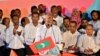 মালদ্বীপের রাজধানি মালেতে নির্বাচনে বিজয়ের পর উদ্দেশ্যে ভাষণ দিচ্ছেন প্রেসিডেন্ট মহম্মদ মুইজ্জু। ফটোঃ ২২ এপ্রিল, ২০২৪। 