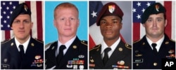 These images provided by the U.S. Army shows, from left, Staff Sgt. Bryan C. Black, 35, of Puyallup, Wash.; Staff Sgt. Jeremiah W. Johnson, 39, of Springboro, Ohio; Sgt. La David Johnson of Miami Gardens, Fla.; and Staff Sgt. Dustin M. Wright, 29, of Lyons, Ga.