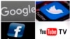 FILE - a combination photo shows, clockwise, from upper left: a Google logo, the Twitter icon, a YouTube TV logo and a Facebook icon. 