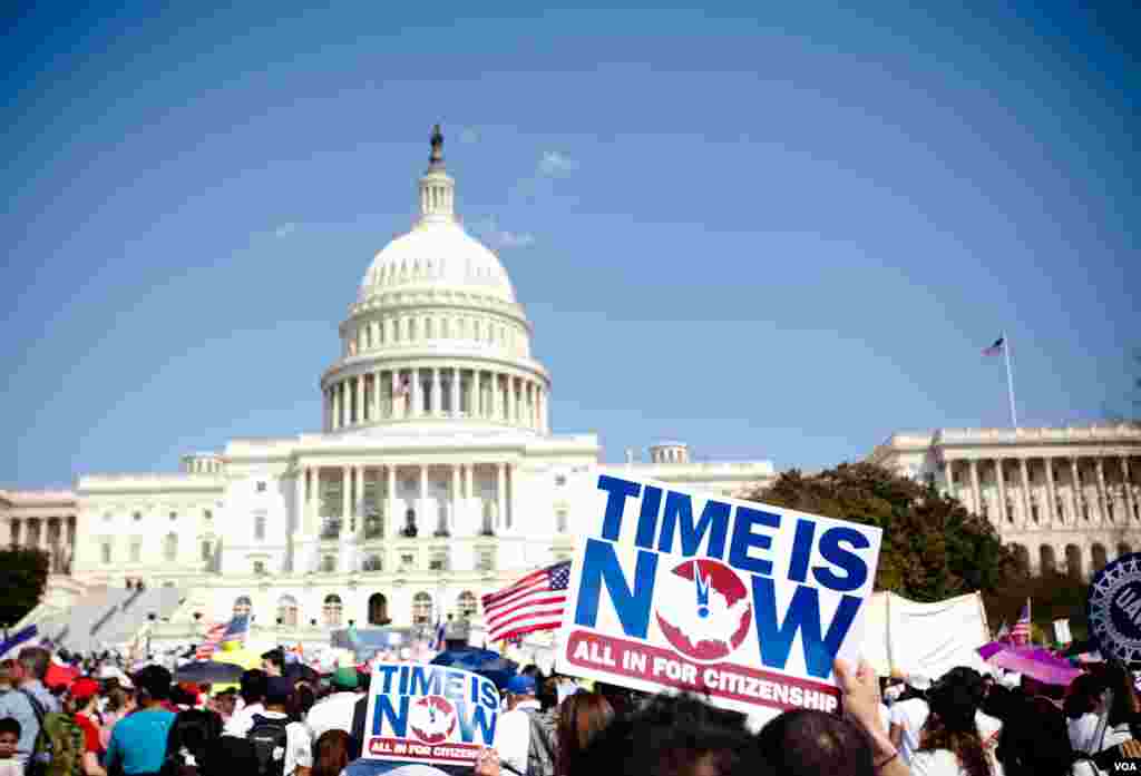 A crowd fills the lawn on Capitol Hill in Washington D.C. during the "Rally for Citizenship," where immigrants and their supporters rallied for immigration reform, April 10, 2013. (Alison Klein for VOA)