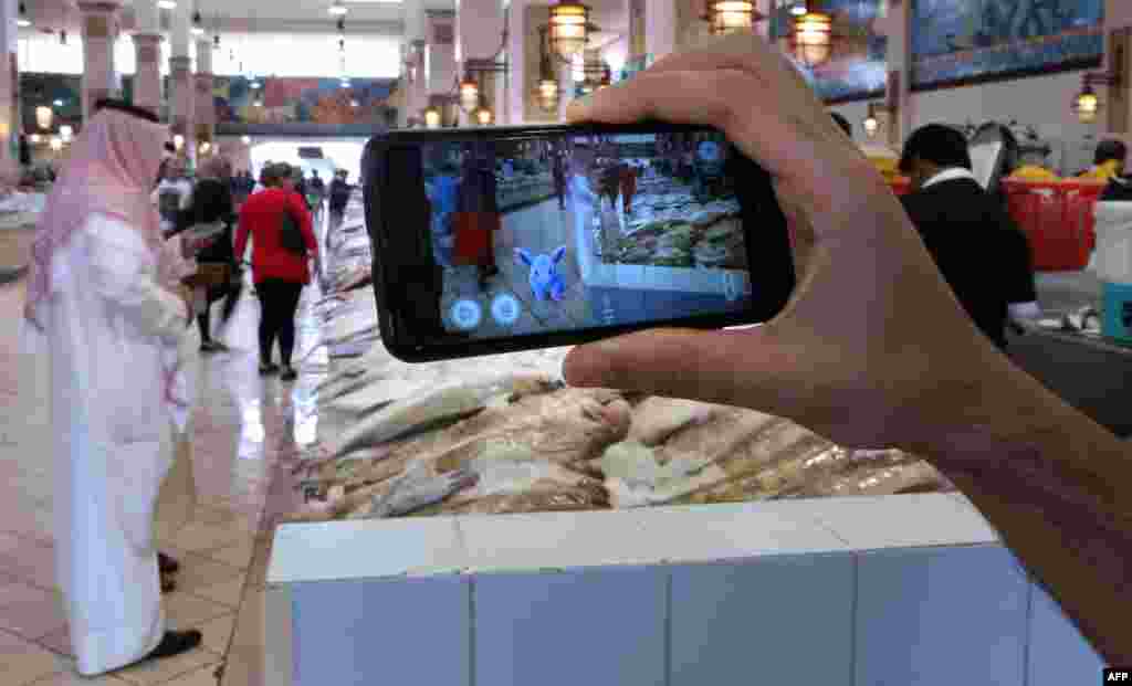 អ្នក​លេង​ហ្គេម​តាម​កម្មវិធី​ Pokemon Go ក្នុង​ទូរសព្ទ​ដៃ​​របស់​ខ្លួន​នៅ​ផ្សារ​លក់​ត្រី​ក្នុង​ក្រុង Kuwait City ប្រទេស​គុយវ៉ែត។&nbsp;