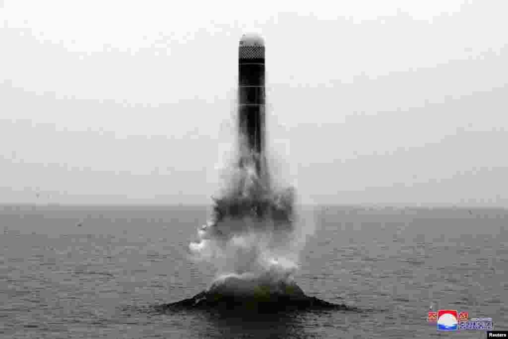 What appears to be a submarine-launched ballistic missile (SLBM) flies in an undisclosed location in this undated picture released by North Korea's Central News Agency (KCNA) Oct. 2, 2019.