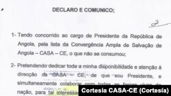 Carta de Abel Chivukuvuku a declinar lugar de deputado
