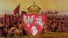 Герб Речи Посполитой трех народов времен восстания Калиновского в 1863 году. На фоне картины Юзефа Хелмонского «Молитва перед бурей»