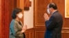 Noeleen Heyzer, the visiting Special Envoy of the Secretary-General of the United Nations on Myanmar, left, greets Cambodian Foreign Minister Prak Sokhonn Thursday, March 31, 2022, in Phnom Penh, Cambodia.