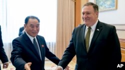 朝鲜高官金英哲(左)2018年7月7日在平壤接待到访的美国国务卿蓬佩奥参加午宴。