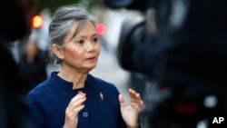 Mu Sochua, deputy leader of the Cambodia National Rescue Party (CNRP), the Cambodian opposition, speaks during an interview with Associated Press in London, Thursday, Nov. 16, 2017. Cambodia’s Supreme Court ordered the CNRP to be dissolved on Thursday, dealing a crushing blow to democratic aspirations in the increasingly oppressive Southeast Asian state. The decision clears the way for the nation’s authoritarian leader to remain in power for years to come. (AP Photo/Frank Augstein)