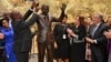 South Africa President Cyril Ramaphosa, left, United Nations General Assembly President Maria Fernanda Espinosa, center, and United Nations Secretary General Antonio Guterres attend the unveiling ceremony of the Nelson Mandela Statue which was presented as a gift from the Republic of South Africa at United Nations headquarters, Sept. 24, 2018.