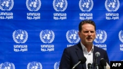 Pierre Krähenbühl, Commissioner-General of the United Nations Relief and Works Agency for Palestine, gives a press conference in Gaza City on May 23, 2019.