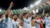 July 10, 2021 Argentina's Lionel Messi celebrates with teammates after winning the Copa America