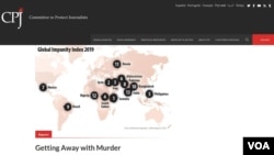 A screenshot of CPJ Web site showing a map of the 2019 Global Impunity Index by the Committee to Protect Journalists, spotlighting countries where journalists are slain and their killers go free, Oct. 29, 2019.