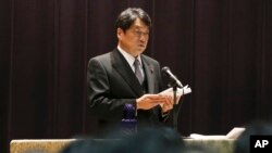 日本防卫大臣小野寺五典周一讲话时称朝核问题严重。（2017年10月23日）