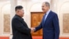 In this photo released by Russian Foreign Ministry Press Service via their telegram channel, Korean leader Kim Jong Un, left, and Russian Foreign Minister Sergey Lavrov greet each other during a meeting in Pyongyang, North Korea, on Oct. 19, 2023. 