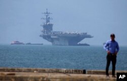 The USS Carl Vinson is anchored at Tien Sa Port in Danang, Vietnam, March 5, 2018.