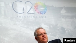 Australia's Treasurer Scott Morrison speaks during an interview with Reuters at the G20 Meeting of Finance Ministers in Buenos Aires, July 22, 2018. Argentina will host G20 world leaders beginning Nov. 30.