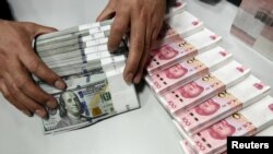 一家银行里工作人员正在清点人民币和美元