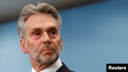Former Dutch intelligence chief Dick Schoof looks on at a press conference as he is presented as the proposed prime minister of the Netherlands, in The Hague, Netherlands, May 28, 2024. 