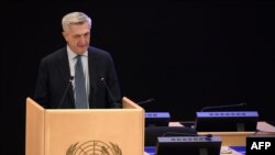 United Nations High Commissioner for Refugees Filippo Grandi delivers a speech at the opening of the 71th session of the executive committee of the U.N. refugee agency, Oct. 5, 2020 in Geneva, Switzerland.