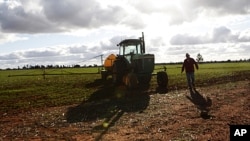FILE - A farmer walks next to his tractor at a farm near Parkes, 357 kilometers west of Sydney, Australia.