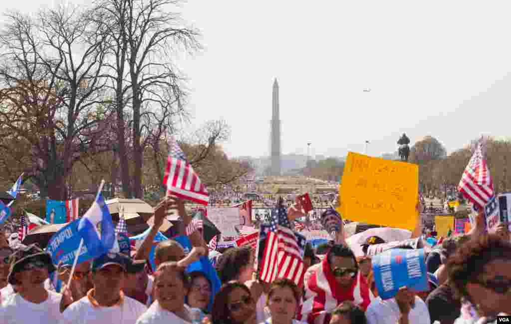 A crowd fills the lawn on Capitol Hill in Washington D.C. during the "Rally for Citizenship," where immigrants and their supporters rallied for immigration reform, April 10, 2013. (Alison Klein for VOA)
