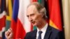 FILE - United Nations Special Envoy for Syria Geir Pedersen gestures as he speaks to the media following a U.N. Security Council meeting on Syria at U.N. headquarters in New York, April 30, 2019.