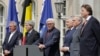 Ministers from the European Union’s six founding nations brief the media after a Brexit meeting in Berlin. From left: Luxembourg’s Jean Asselborn, Italy’s Paolo Gentiloni, Germany’s Frank-Walter Steinmeier, Belgium’s Didier Reynders, France’s Jean-Marc Ayrault and the Netherlands’ Bert Koenders. 