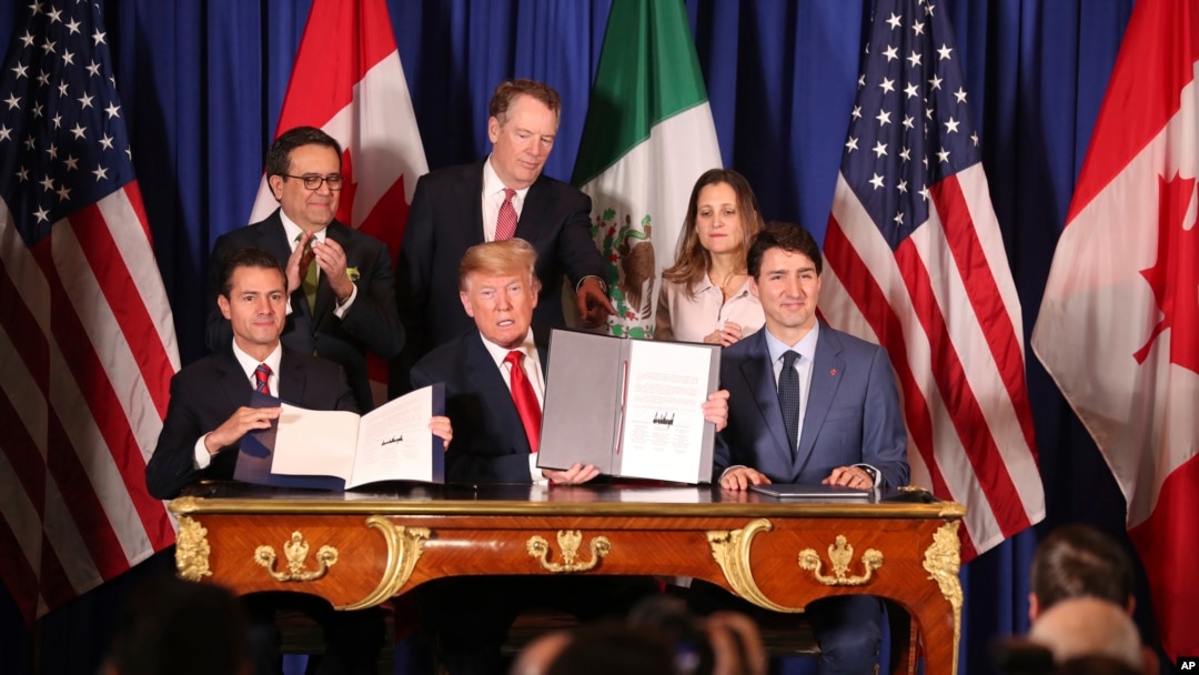 Los presidentes, Enrique Peña Nieto, de México, Donald Trump, de Estados Unidos, y el Primer Ministro de Canadá, Justin Trudeau, finalizan firma del nuevo T-MEC.