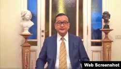 FILE: Sam Rainsy, former president of Cambodia National Rescue Party, talked to party supporters via online video from Italy, on October 30, 2017. (Web Screenshot)