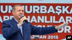 Turkey's President Recep Tayyip Erdogan addresses an election rally ahead of the upcoming general elections, in Ardahan, Turkey, June 6, 2015.