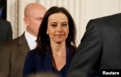 FILE - U.S. Deputy National Security Adviser for Strategy Dina Powell arrives in the East Room of the White House in Washington, March 17, 2017.